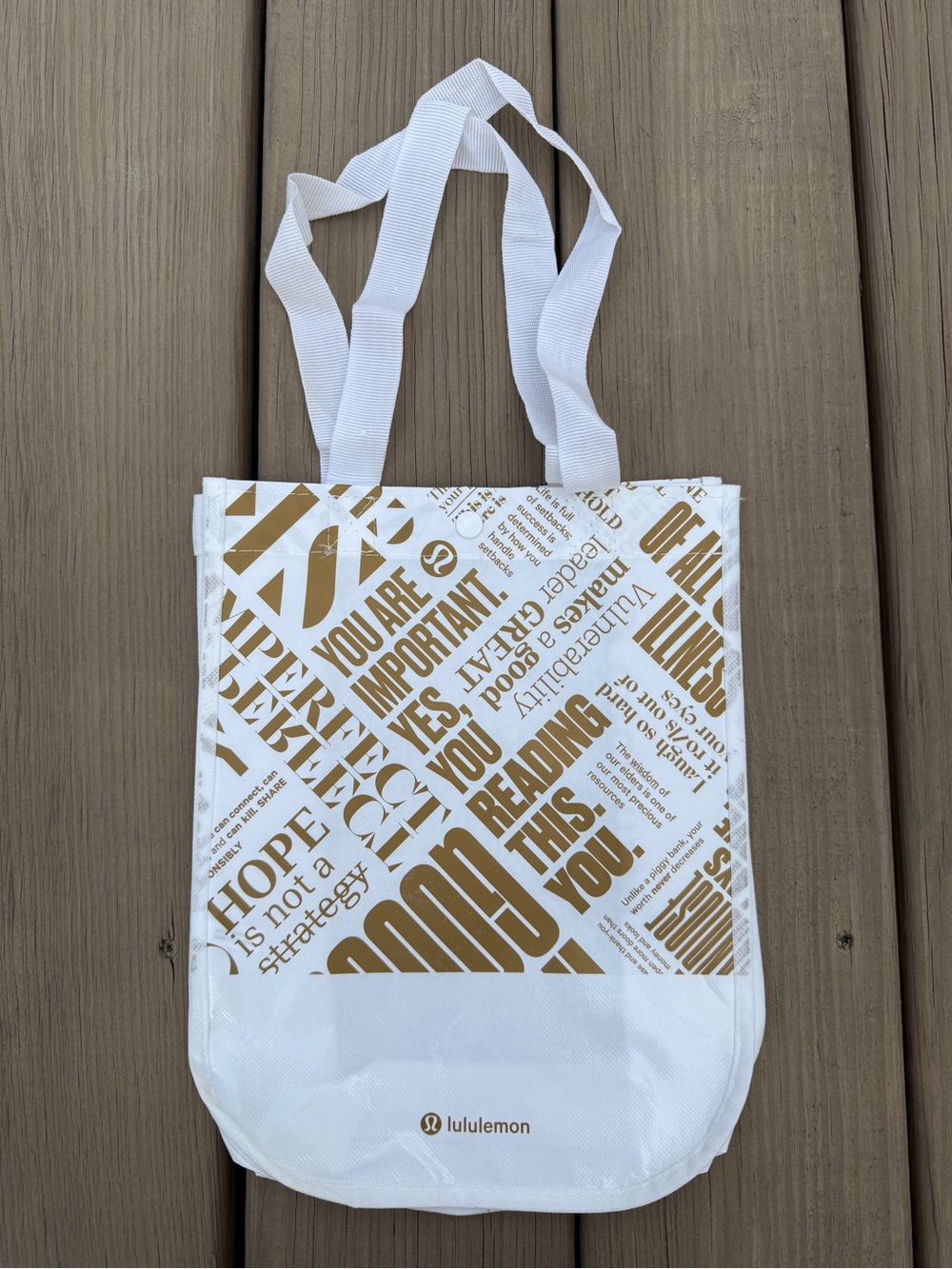 LIMITED EDITION lululemon athletica White & Gold Printed Tote Bag (small)